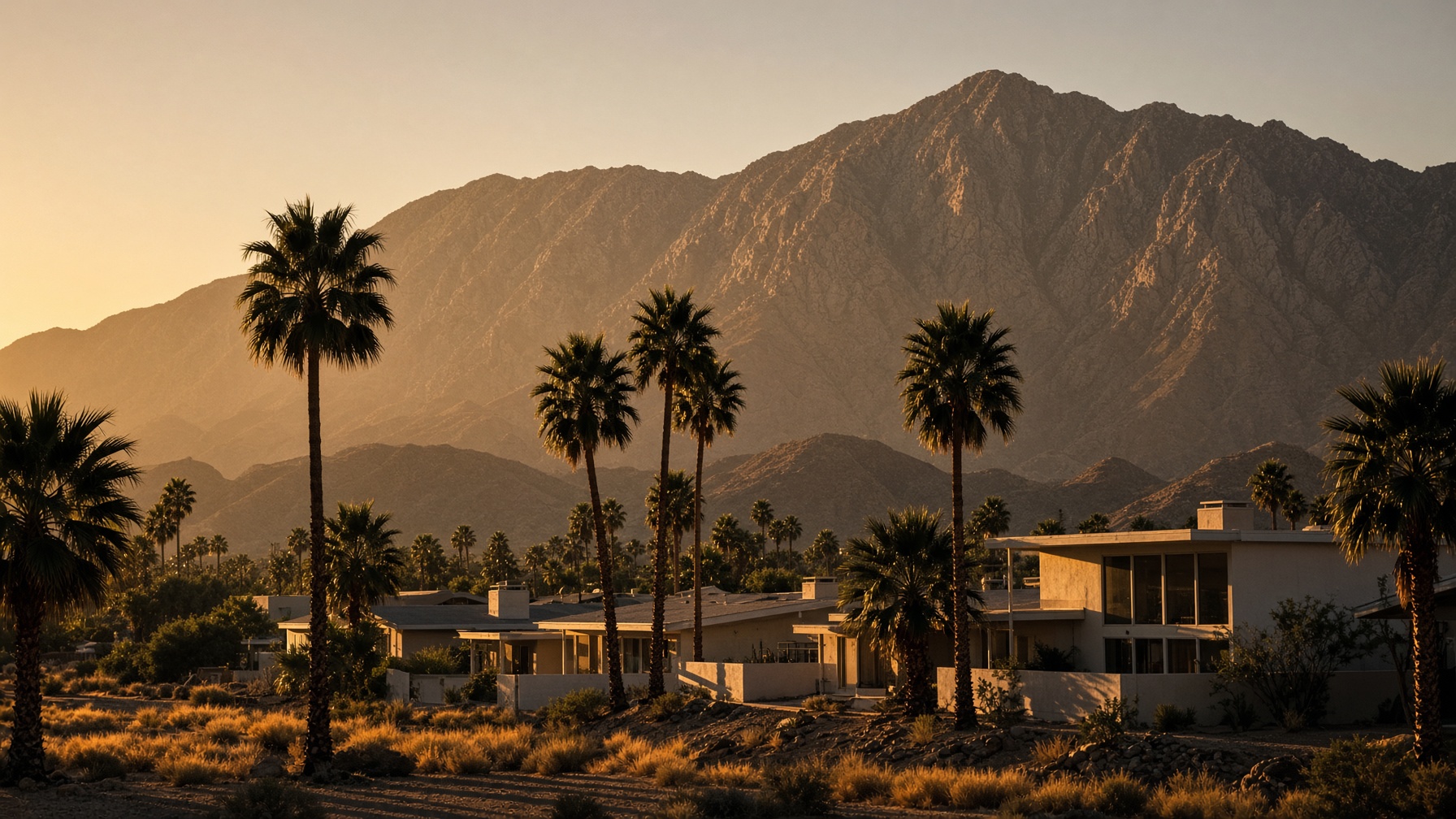 Palm Springs at golden hour: San Jacinto mountains, palms, and mid-century houses.
